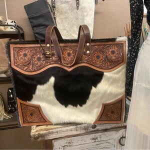 NWT Tooled Leather & Cowhide Weekender Bag